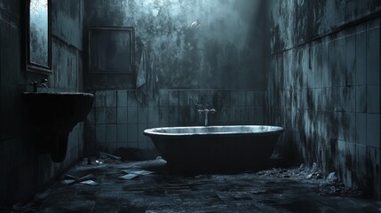 Spooky abandoned bathroom with clawfoot bathtub