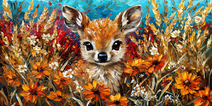 Deer Fawn in Colorful Autumn Wildflowers