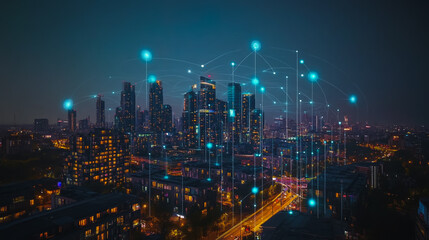 Obraz premium Smart digital city with connection cyber security network reciprocity over the cityscape . future smart wireless digital city and social media networking systems that connects people within the city