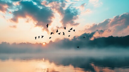 A flock of birds fly over a lake at sunset, creating a beautiful silhouette against the colorful clouds.