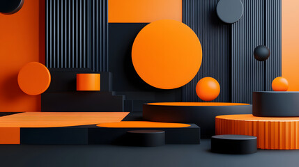 
3d rendering of Orange and black abstract geometric background. Scene for advertising, technology, showcase, banner, game, sport, cosmetic, business, metaverse. Sci-Fi Illustration. Product display
