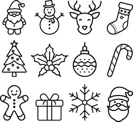 Line art Christmas decoration set. black vector icon collection.eps