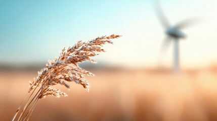 Obraz premium Macro natural idea. A close-up of golden wheat against a blurred wind turbine in a serene landscape.