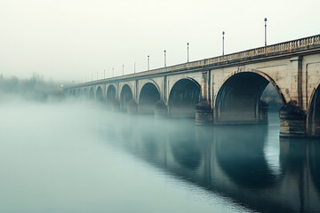 Fototapeta premium A long empty bridge stretching over a river with mist rising