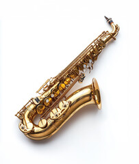 Golden saxophone beautifully arranged on a clean white background, showcasing its elegant design and craftsmanship