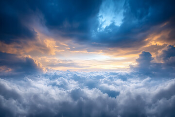 Obraz premium A breathtaking view of a dramatic sky with golden and blue tones, fluffy clouds and vibrant sunset lighting