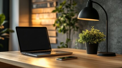 Fototapeta premium A sleek laptop and smartphone on a warm wooden desk create a stylish, inviting office scene.