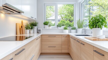 Fototapeta premium Modern kitchen with light wood cabinets, white countertops, and herbs.
