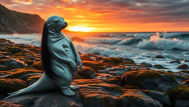 &ldquo;Selkie Transforming by the Ocean Shore&rdquo; &ndash; A selkie shedding her sealskin on a rocky beach, with the ocean waves and a setting sun in the background.
