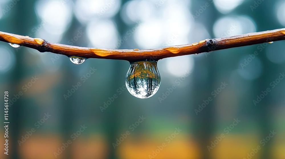 Poster Macro natural idea. A close-up of a water droplet hanging from a branch in a tranquil forest setting.