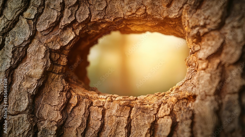 Poster Macro natural idea. Close-up of a tree trunk with a hollow showcasing warm, soft light from behind.