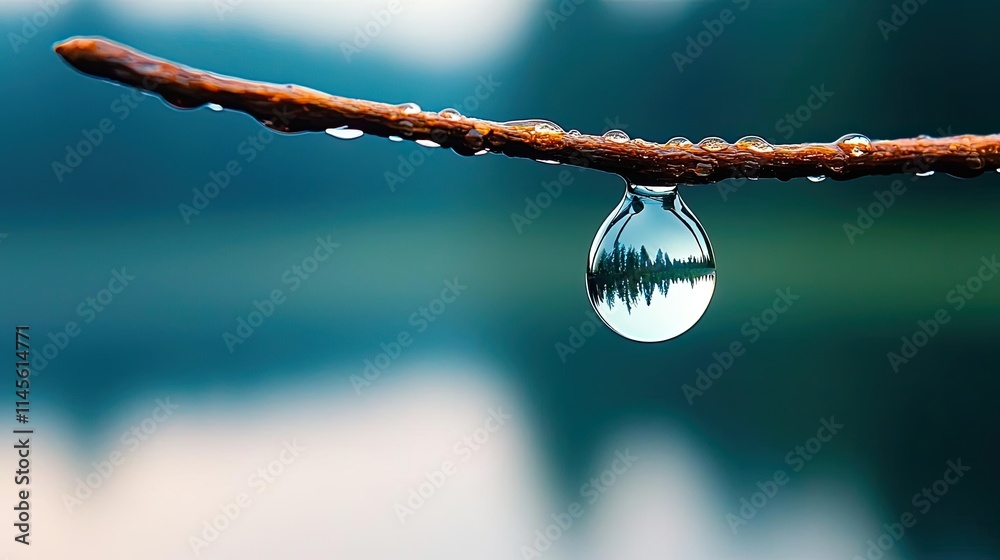 Poster Macro natural idea. A close-up of a water droplet reflecting nature on a branch, showcasing serenity.