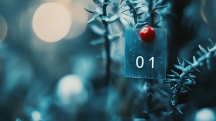 Close-up of a frosted plant with a numbered tag, indicating the first day.