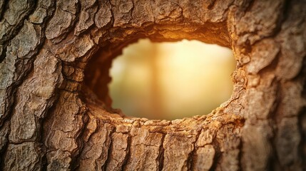 Macro natural idea. Close-up of a tree trunk with a hollow showcasing warm, soft light from behind.