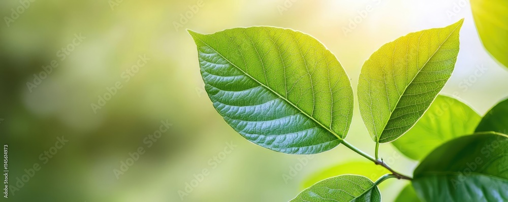 Poster macro natural idea. vibrant green leaves illuminated by soft sunlight in a tranquil natural setting.