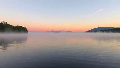 Serene Sunrise Fog Over Calm Lake And Mountains