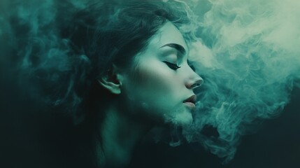 Woman's face obscured by green smoke in a dreamy atmosphere