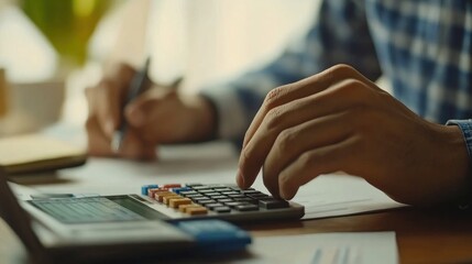 Close-up of hands using calculator and pen on documents.