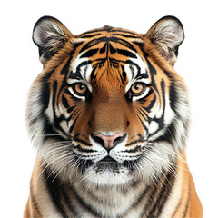Obraz premium Front view close up of an extremely perfect looking single Bengal tiger isolated on a white transparent background