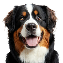 Front view close up of an extremely perfect looking single Bernese mountain dog isolated on a white transparent background