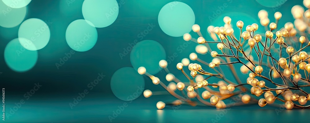 Poster Micro foliage idea. Elegant golden branch against a shimmering turquoise background with soft bokeh lights.