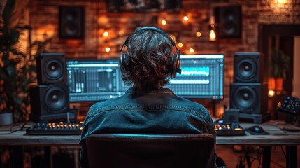 Person working on music production in a studio.