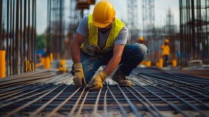 A construction worker in a yellow hard hat and reflective vest is kneeling on a construction site, carefully arranging steel rebar. 