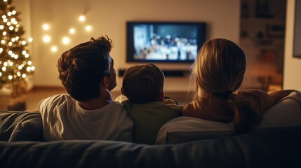 Happy family watching TV, movies in the evening at home. Couple spending time together.