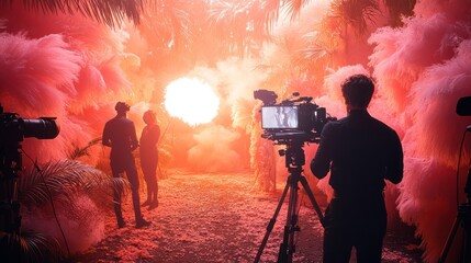 Fototapeta premium Filming in a vibrant, smoke-filled environment.