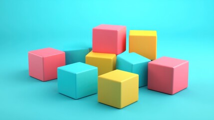 Obraz premium Pastel Colored Cubes Minimalist Composition: A Playful Arrangement of Cubes in Pink, Yellow, and Blue Hues Against a Light Blue Background.