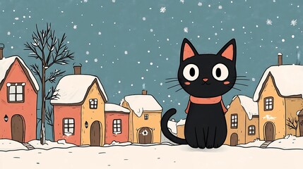 Fototapeta premium Cozy Black Cat in Snowy Christmas Village Street Scene