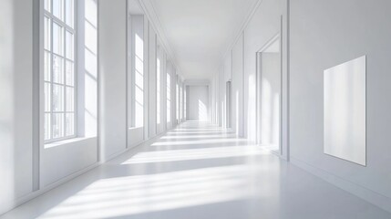 Sunlit White Hallway with Blank Canvas: A Modern Minimalist Interior