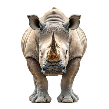 Front view close up of an extremely perfect looking single rhinoceros isolated on a white transparent background