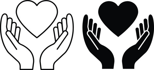 Two illustrations outline and solid black hands gently cradling a heart symbol, representing care, love, and support.
