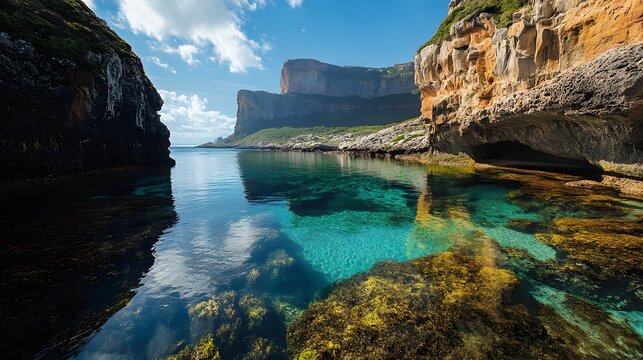 Serene Coastal Cove with Crystal Clear Water and Dramatic Cliffs