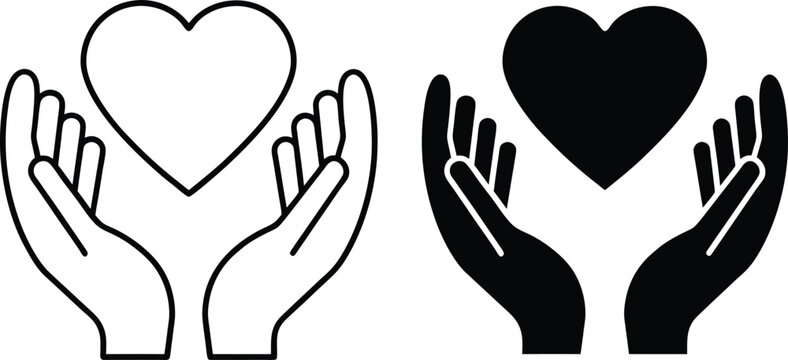 Two illustrations outline and solid black hands gently cradling a heart symbol, representing care, love, and support.