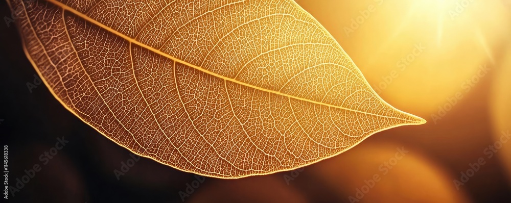 Poster Micro foliage idea. Close-up of a leaf illuminated by soft light, showcasing intricate details and textures.