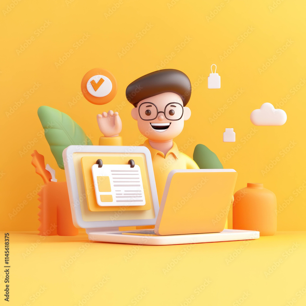 Poster cheerful character working on laptop in bright yellow workspace, surrounded by icons and plants