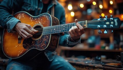 Obraz premium Close-Up of Hands Playing an Acoustic Guitar with Warm Tones
