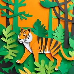 Children's paper cut-out style illustration of a tiger walking in the forest