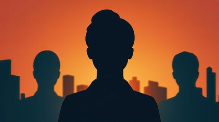 Businesswoman silhouettes concept. Silhouetted figures against a vibrant sunset backdrop in an urban setting.