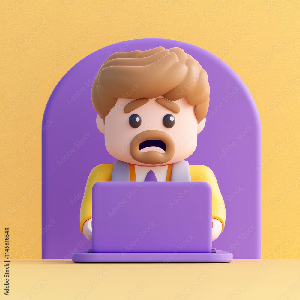 Poster character with worried expression using laptop in colorful setting