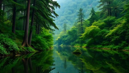 Obraz premium Serene Green Forest River Landscape With Reflections