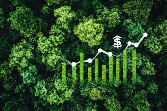 A digital concept image showing an aerial view of a green forest, with icons for ESG and carbon credits, and a white icon of a rising bar graph with a dollar sign, symbolizing green business growth.