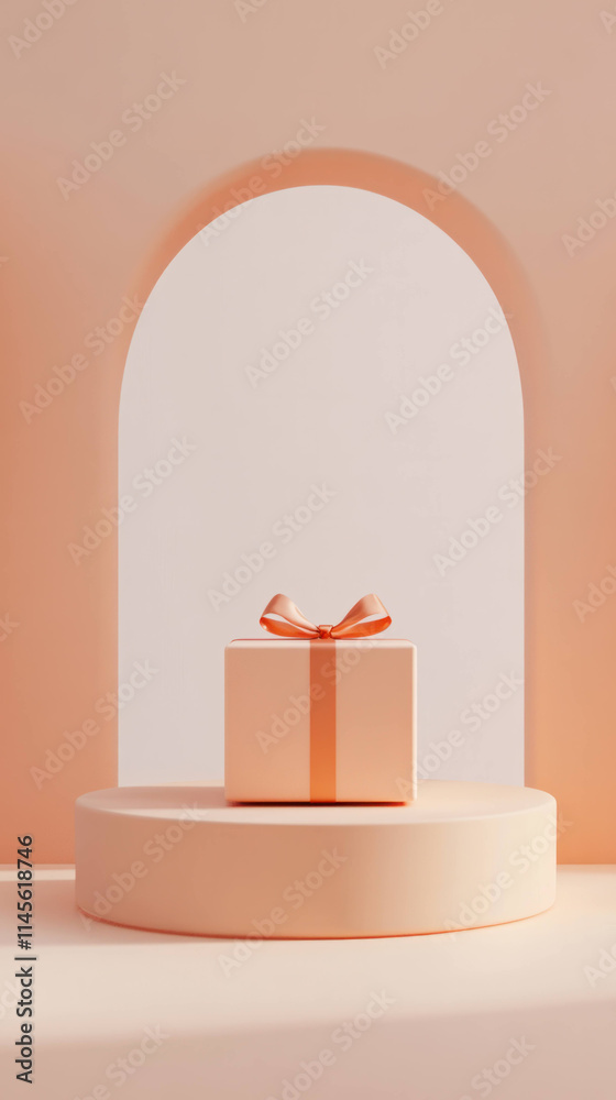 Poster gift box with bow on circular platform against soft peach background, creating minimalist and elegant aesthetic
