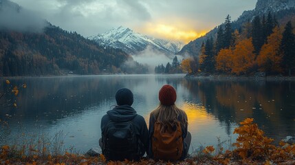 a chilling evening next to a lake, golden hours, mountains in the back and 2 friends