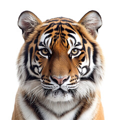 Fototapeta premium Front view close up of an extremely perfect looking single tiger isolated on a white transparent background