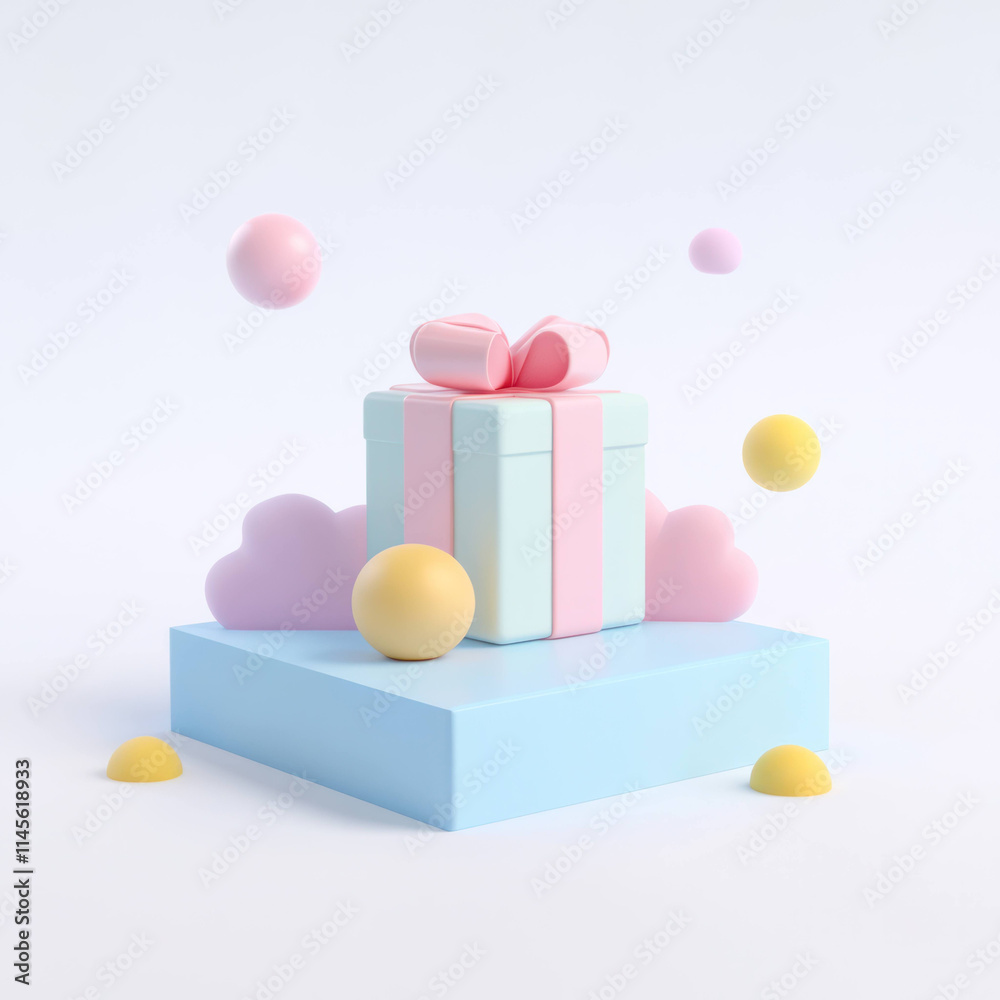 Aufkleber gift box with bow sits pastel platform, surrounded by colorful spheres. soft edges and minimalist de
