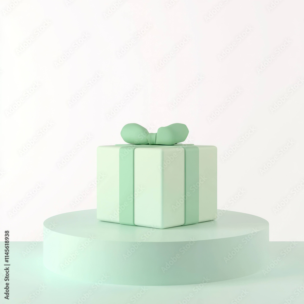 Poster gift box with soft edges and bow stands on platform against white background, showcasing clean and m
