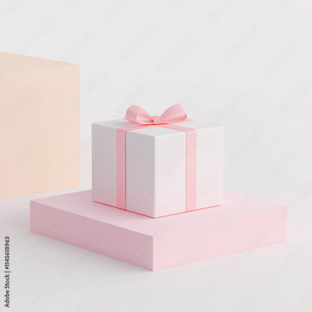 Poster gift box with pink ribbon sits on soft platform, surrounded by minimalist white background, creating